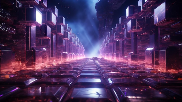 Futurystyczny tunel metra z korytarzem Scifi Cyberpunk i wygenerowaną sztuczną inteligencją neonów