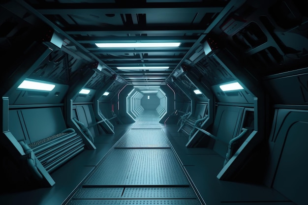 Futurystyczny tunel SciFi z neonowymi światłami i odblaskowymi podłogami