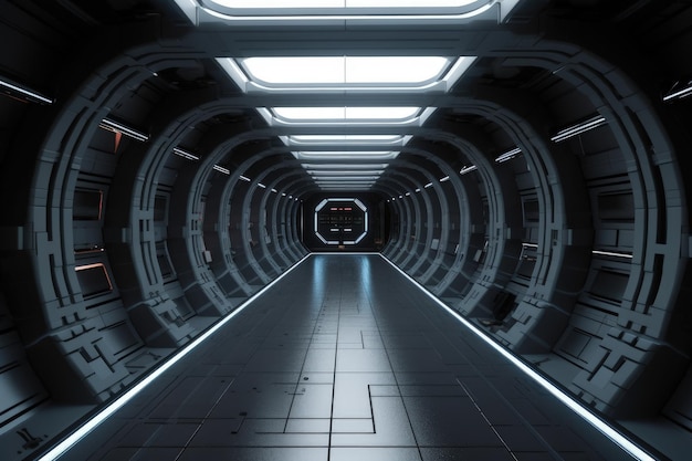 Futurystyczny tunel SciFi z neonowymi światłami i odblaskowymi podłogami