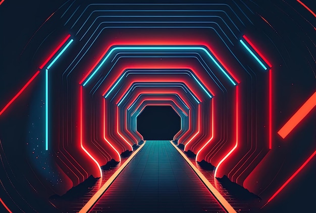 Futurystyczny tunel z science fiction z liniami i czerwonymi i niebieskimi neonami