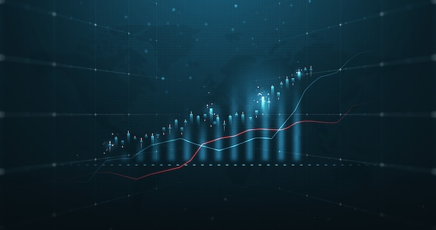 Futurystyczny wykres rynku biznesu świecące wykres giełdowy lub zysk danych finansowych inwestycji na tle wykresu wzrostu pieniędzy z informacjami o wymianie diagramu. Renderowanie 3D.