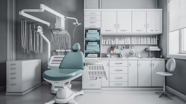 Gabinet dentystyczny z niebieskim krzesłem i białym krzesłem.