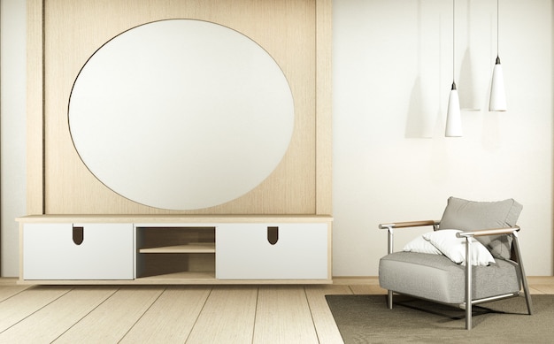 Gabinet TV w bielu pustym wewnętrznym izbowym stylu w stylu japońskim, 3d rendering