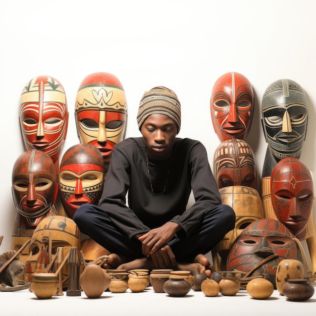 Zdjęcie gaboński artysta z tradycyjnymi drewnianymi maskami
