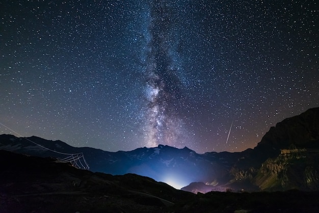 Galaktyka Drogi Mlecznej I Gwiazdy Nad Włoskimi Alpami Francuskimi. Nocne Niebo Na Majestatycznych Ośnieżonych Górach I Lodowcach. Deszcz Meteorów Po Prawej, Planeta Jowisz Po Lewej