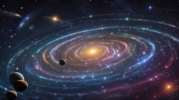 galaktyka spiralna z planetami i gwiazdami w tle oraz czarną dziurą