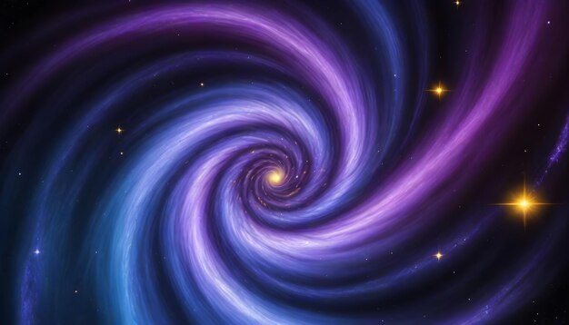 Galaktyka spiralna z wieloma wirującymi ramionami, jasnym rdzeniem i gwiazdami na tle fioletowej mgławicy
