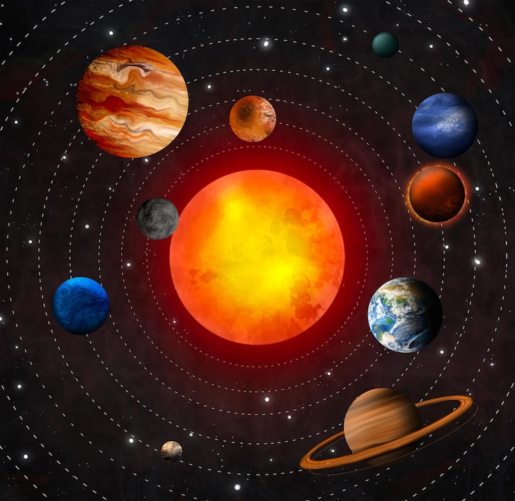 Zdjęcie galaktyka z ilustracjami gwiazd i planet świat fantasy