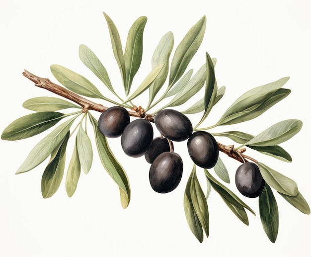 Gałąź drzewa oliwnego z akwarela stylu owoców oliwek na białym tle