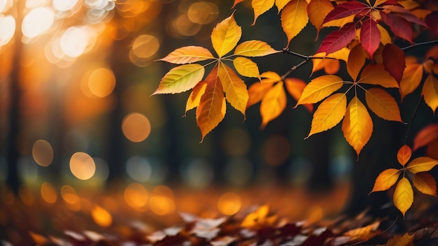 Gałąź drzewa z jesiennymi liśćmi w tle