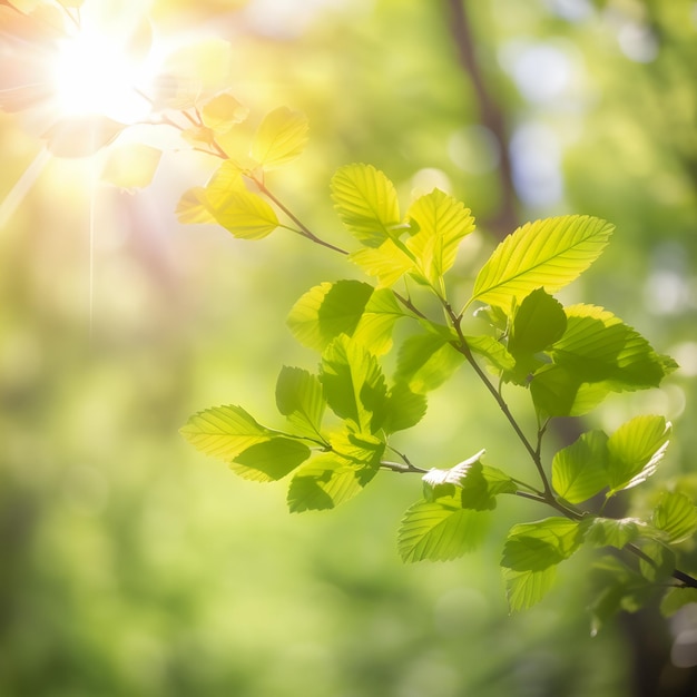 Gałąź drzewa z zielonymi liśćmi i słońce świecące przez liście Sunny lato charakter tła z promieni słonecznych bokeh