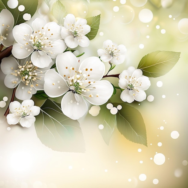 Gałąź kwiatów z zielonymi liśćmi i białymi kwiatami.
