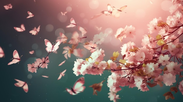 Gałąź kwitnącej wiśni, wokół której latają motyle.