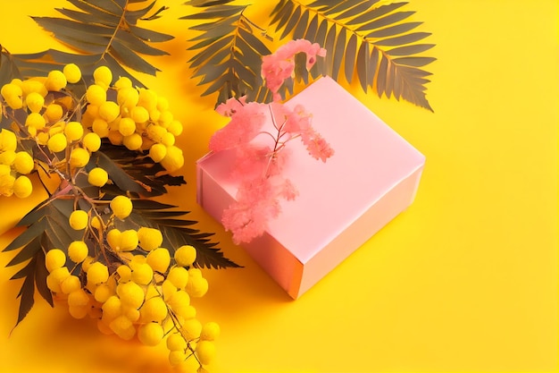Gałąź mimozy i pudełko na żółtym tle Piękne wiosenne tło z miejscem na tekst Generatywne Ai