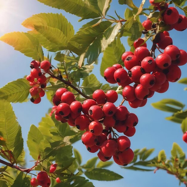 Gałąź rowan z jagodami na słonecznym tle nieba