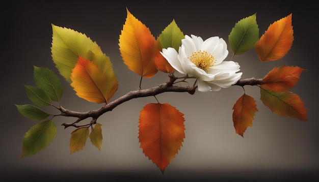 Gałąź sylwetki drzewa liściastego w tętniącej życiem, kolorowej jesieni