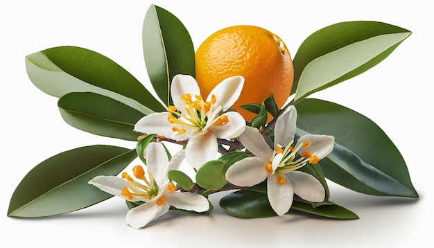Zdjęcie gałąź z drzewa pomarańczowego z liśćmi i kwiatami jest izolowana na białym tle generative ai