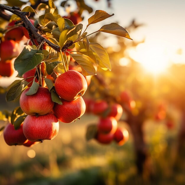 Zdjęcie gałąź z naturalnymi jabłkami na niewyraźnym tle ogrodu jabłkowego w złotą godzinę