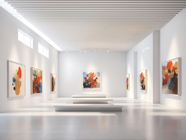 Galeria sztuki z pięknymi obrazami wyświetlanymi na minimalistycznych białych ścianach renderowanych w 3D
