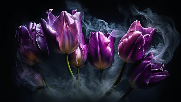 Gałęzie fioletowych tulipanów na ciemnym tle z delikatnym dymem kadzidła Wygenerowano sztuczną inteligencję