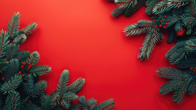Zdjęcie gałęzie sosny z świąteczną dekoracją na czerwonym tle