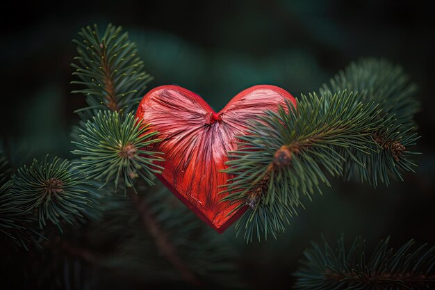 Gałęzie świątecznych drzew ozdobione uroczymi czerwonymi sercami z generatywną sztuczną inteligencją