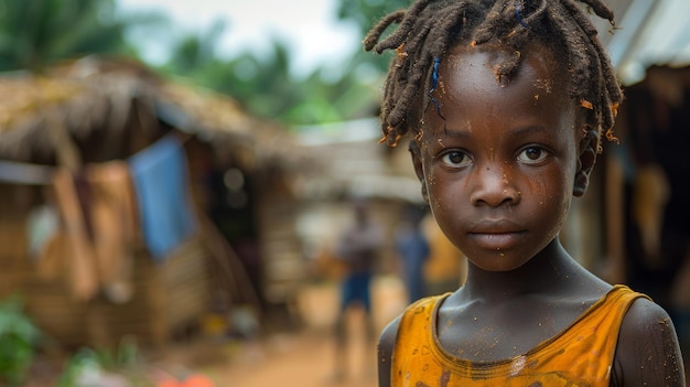Gambian mała dziewczyna w pomarańczowej koszuli Gambia dzieci cierpią z powodu ubóstwa z powodu złej gospodarki