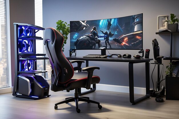 Zdjęcie gaming pc set up neon lightchir table monitor desk