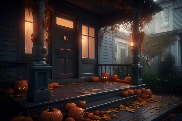 Zdjęcie ganek domu ozdobiony dyniami na halloween