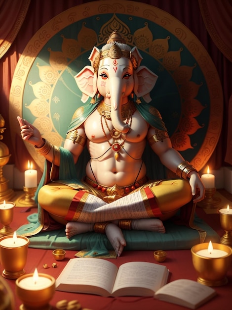 Ganesh Ilustracja kolorowego hinduskiego władcy Ganeshy na dekoracyjnym tle