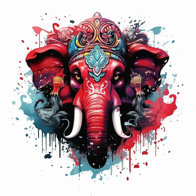 Ganesh Indyjski bóg słonia Szczegółowa ilustracja w kolorze czerwonym z magicznym rozbłyskiem i ciemnymi wibracjami