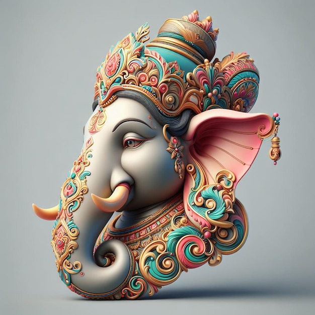 Zdjęcie ganesha 3d głowa w realistycznym stylu kolorowy model z prostym tłem