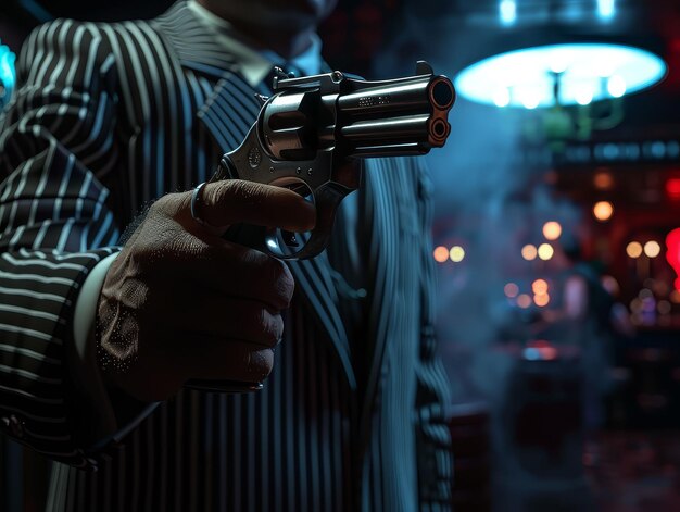 Gangster w garniturze z paskami trzymający vintage rewolwer w wypełnionym dymem nocnym klubie noir 3D Render Silhouette oświetlenie Chromatic Aberration Pointofview strzał