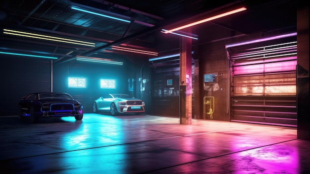 Garaż z neonami i samochodami audi w tle.