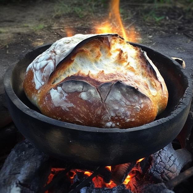 Zdjęcie garnek do chleba gotuje się nad ogniem.