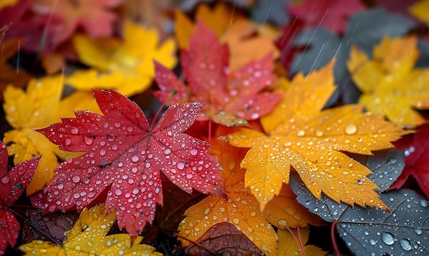Zdjęcie garstka czerwonych i żółtych liści z kropelami deszczu na nich