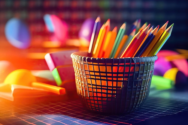 Garstka kolorowych ołówków w uchwycie na stole Generatywna sztuczna inteligencja