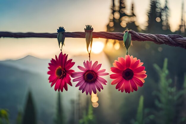 Zdjęcie garstka kwiatów z słońcem za nimi
