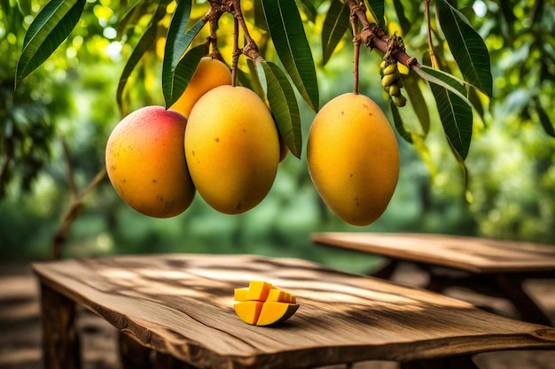 garstka mango wiszące z drzewa z kijem w środku