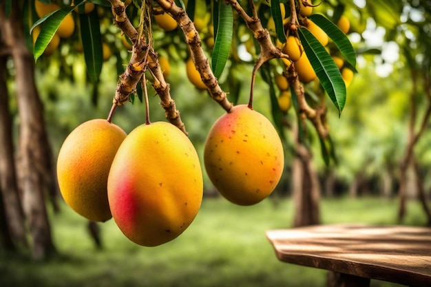Zdjęcie garstka mango wiszących na drzewie z zielonymi liśćmi