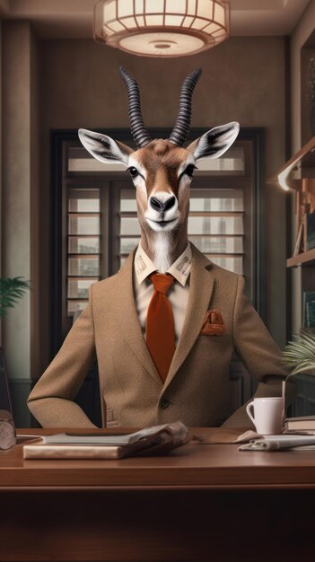 Zdjęcie gazela w garniturze biznesowym w biurze o tematyce savannah generowanym przez sztuczną inteligencję