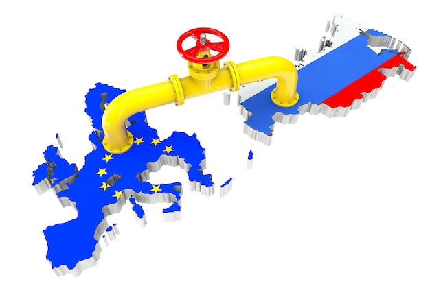 Gazociąg nad mapami Rosji i Unii Europejskiej na białym tle