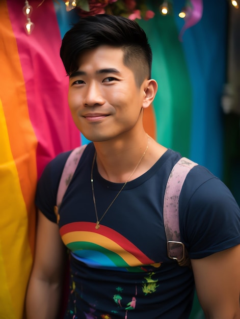 gej LGBTQ w zwykłej czarnej koszulce stojący obok tęczowej ściany Zdjęcie z Azji