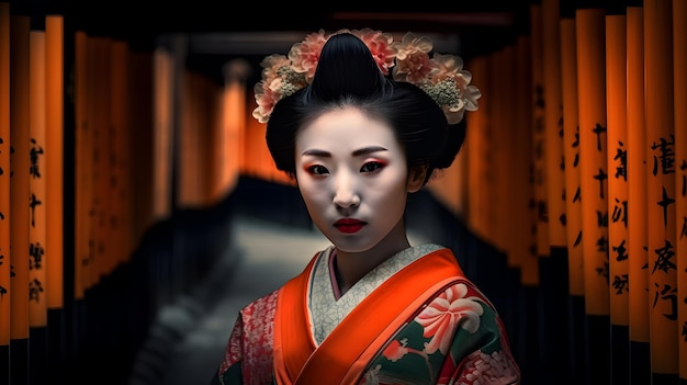 Gejsza w kimonie stoi w ciemnym pokoju.