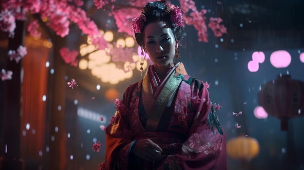 Gejsza w zawiłym ogrodzie sakura kimono sakura kwitnie