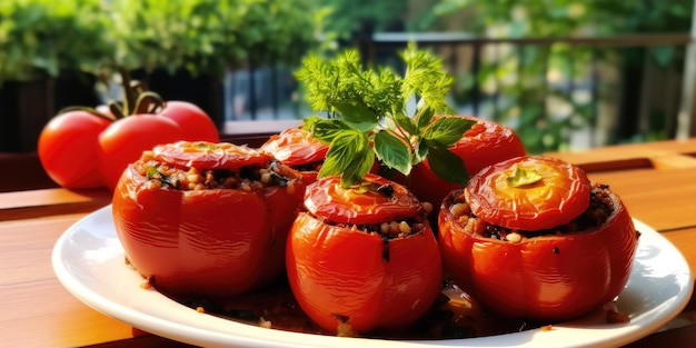 Zdjęcie gemista wypełnione pomidory i papryki w słonecznym ogrodzie świeże i kolorowe wegetariańskie delikatności