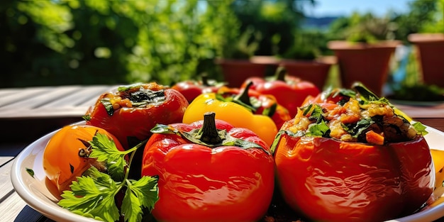 Gemista wypełnione pomidory i papryki w słonecznym ogrodzie Świeże i kolorowe wegetariańskie delikatności