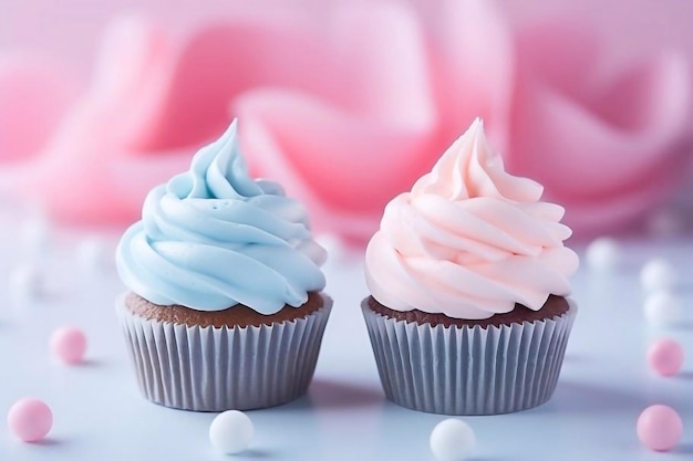 Gender party chłopiec lub dziewczyna dwa ciasta z niebieską i różową śmietaną koncepcja świętowania, gdy gende