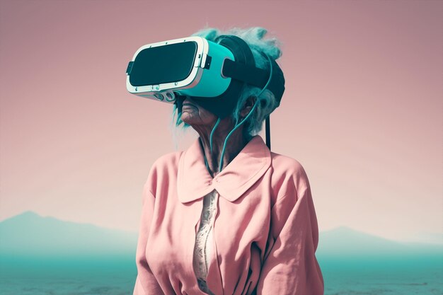 Generacyjna ai starsza stara babcia używająca gogli 3D vr