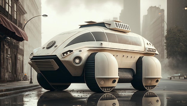 Generacyjna sztuczna inteligencja futurystycznego samochodu w mieście Koncepcja pojazdu futurystycznego